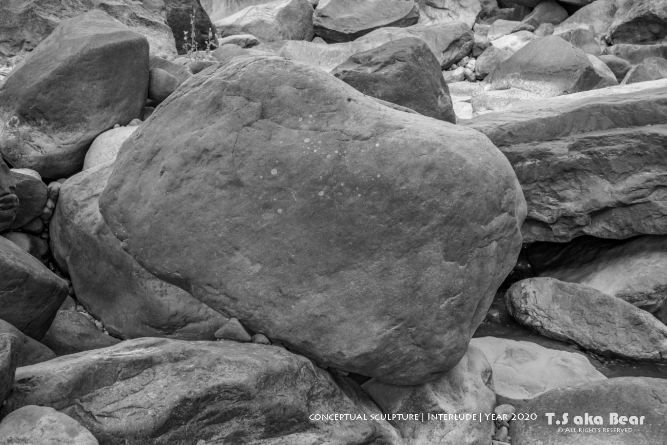 Conceptual sculpture - Interlude | Material : Rock;pebble and water | Year 2020 by Tiong-seah Yap [ T.S aka Bear ] © All rights reserved. Interlude - So is every spectacle roving over my mind as my hands engraves, its rhythm recapitulates to weave multiple traces that witnessed time and space were coming into resonance, and, commingled. What sustained, were those fugacious tinctures drifting slowly downwards, and inlaid in my mind. A recollection that riffled with an irregular cresedo, and diminuendo. What was, there is. - Tiong-seah Yap